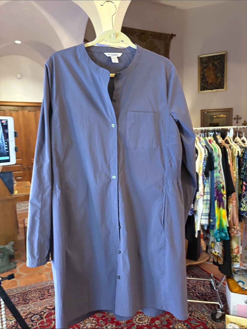 athleta purpleish, gray button down dress with teeny flaw